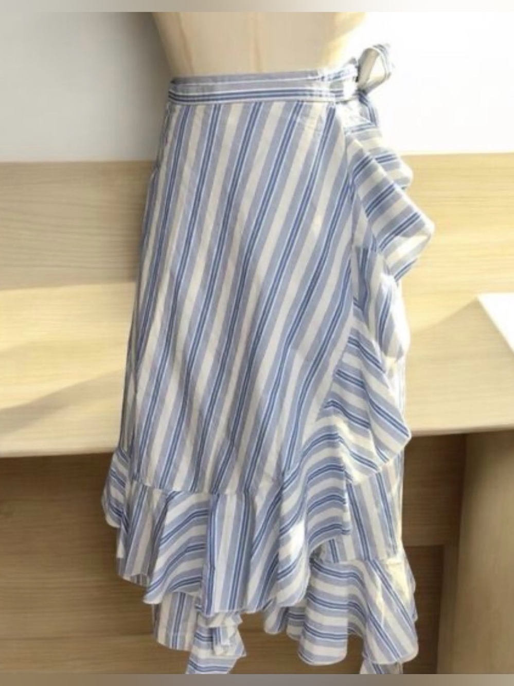 JW ANDERSON Uniqlo Blue and White Striped Asymmetrical Wrap Ruffle Skirt